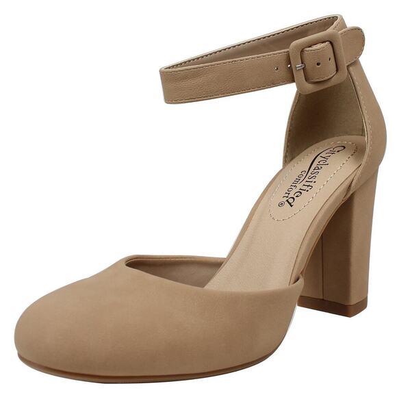 Comfort 7.5 Beige Tan Nude Kaili Leather Ankle Strap Block Heel Dress Pump Work - Picture 1 of 12